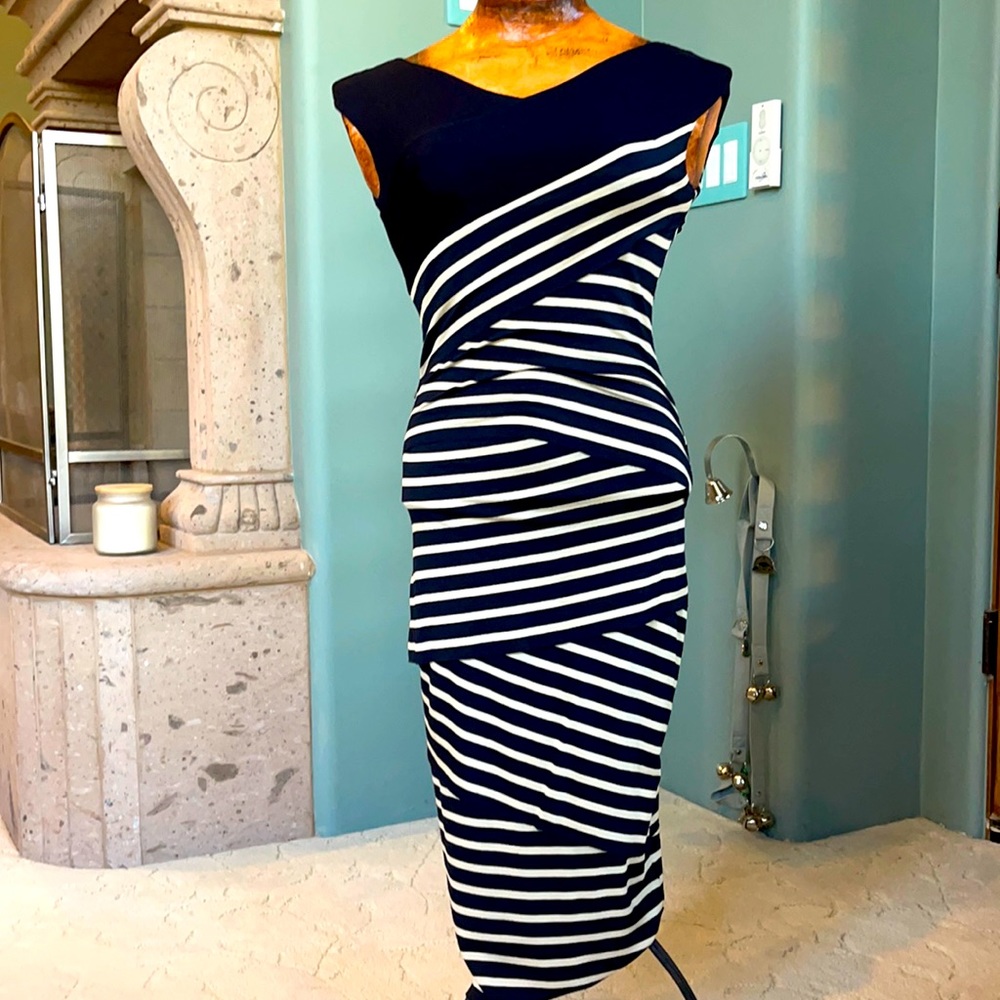 “Column” striped stretch jersey Bailey 44 navy/cream bodycon slenderizing dress